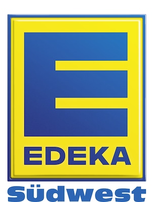 Logo EDEKA Südwest: blauer Rahmen, gelber Hintergrund, darin in blau: großes E und darunter EDEKA, unter dem Rahmen Südwest